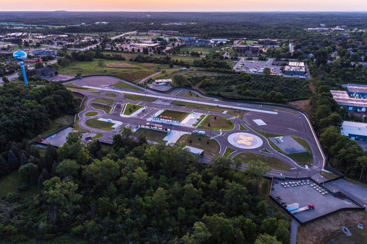 An aerial view of the Mcity Test Facility, which sits on a 32-acre site and features about 16 acres of roads and traffic infrastructure.
