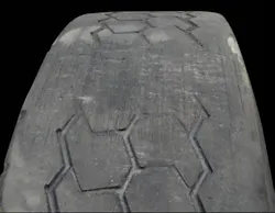 (SECTION 1: Irregular drive tire conditions) 3. Brake Skid Damage Appearance: Localized spot of excessive wear across tread face showing abrasion marks. Damage may extend into casing. Probable Cause: New brakes (not worn in), unbalanced brake system, frozen brake lines, driver abuse. Corrective Action: Check brake system. Tire Disposition: May be repaired or retreaded if casing is undamaged; otherwise, scrap. (SECTION 1: Irregular drive tire conditions) 3. Brake Skid Damage Appearance: Localized spot of excessive wear across tread face showing abrasion marks. Damage may extend into casing. Probable Cause: New brakes (not worn in), unbalanced brake system, frozen brake lines, driver abuse. Corrective Action: Check brake system. Tire Disposition: May be repaired or retreaded if casing is undamaged; otherwise, scrap.