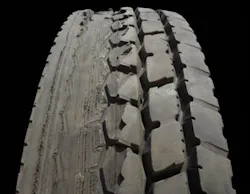 (SECTION 1: Irregular drive tire conditions) 2. Vehicle/Spin Damage Appearance: Cuts or lines 360 degrees around the tire. Probable Cause: Contact with vehicle components (mud flap brackets, bumpers), or spinning the tires on ice or loose road surface. Corrective Action: Analyze cause. Ensure tire does not contact vehicle components. Review driver practices. Tire Disposition: Return to service if damage is not below base of tread groove. (SECTION 1: Irregular drive tire conditions) 2. Vehicle/Spin Damage Appearance: Cuts or lines 360 degrees around the tire. Probable Cause: Contact with vehicle components (mud flap brackets, bumpers), or spinning the tires on ice or loose road surface. Corrective Action: Analyze cause. Ensure tire does not contact vehicle components. Review driver practices. Tire Disposition: Return to service if damage is not below base of tread groove.