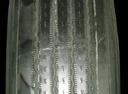 (SECTION 3: Irregular steer tire conditions) 8. Depression Wear (Shoulder) Appearance: Localized wear patch on the shoulder rib of the tire. This patch can repeat around the circumference of the tire. Probable Cause: Faulty shocks, lateral runout, loose wheel bearings, mis-mount, severe balance issue. Corrective Action: Check for mechanical problem. (SECTION 3: Irregular steer tire conditions) 8. Depression Wear (Shoulder) Appearance: Localized wear patch on the shoulder rib of the tire. This patch can repeat around the circumference of the tire. Probable Cause: Faulty shocks, lateral runout, loose wheel bearings, mis-mount, severe balance issue. Corrective Action: Check for mechanical problem.