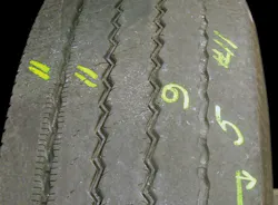 (SECTION 3: Irregular steer tire conditions) 1. One Sided Wear Appearance: Wear increasing from one side to the other. Probable Cause: Out of alignment specification parameters (camber, toe, axle parallelism). Corrective Action: Check alignment and inspect for worn parts. Tire Disposition: Continue to run until minimum tread depth is reached. (SECTION 3: Irregular steer tire conditions) 1. One Sided Wear Appearance: Wear increasing from one side to the other. Probable Cause: Out of alignment specification parameters (camber, toe, axle parallelism). Corrective Action: Check alignment and inspect for worn parts. Tire Disposition: Continue to run until minimum tread depth is reached.