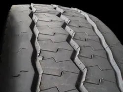 (SECTION 3: Irregular steer tire conditions) 6. Radial Feather Wear Appearance Feathering at the edge of the tread ribs. Probable Cause: Usually the result of continued exposure to lateral force, such as excessive toe. Can also form as a result of counter-steering to compensate for drive axle misalignment. Corrective Action: Check alignment. Tire Disposition: Rotate to another position or retread. (SECTION 3: Irregular steer tire conditions) 6. Radial Feather Wear Appearance Feathering at the edge of the tread ribs. Probable Cause: Usually the result of continued exposure to lateral force, such as excessive toe. Can also form as a result of counter-steering to compensate for drive axle misalignment. Corrective Action: Check alignment. Tire Disposition: Rotate to another position or retread.