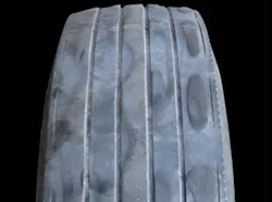 (SECTION 2: Irregular trailer tire conditions) 6. Cupping/Scallop Wear Appearance: Random areas of fast wear around the tire. Erratic in some instances. Probable Cause: Mismatched inflation pressure or tire diameters in a dual assembly. Aggravated by high speeds/light loads, poorly maintained suspension components. Corrective Action: Check for worn components, inflation pressures and matching tread depths. Tire Disposition: Continue to run until pull point, then retread. (SECTION 2: Irregular trailer tire conditions) 6. Cupping/Scallop Wear Appearance: Random areas of fast wear around the tire. Erratic in some instances. Probable Cause: Mismatched inflation pressure or tire diameters in a dual assembly. Aggravated by high speeds/light loads, poorly maintained suspension components. Corrective Action: Check for worn components, inflation pressures and matching tread depths. Tire Disposition: Continue to run until pull point, then retread.