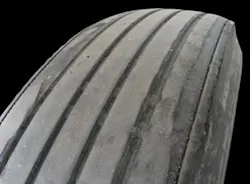 (SECTION 2: Irregular trailer tire conditions) 5. Shoulder Step Wear Appearance: Tire worn on edge of one shoulder, greater than 12” in circumference. Probable Cause: Excessive camber, misaligned or damaged axle, improper bearing adjustment. Corrective Action: Diagnose misalignment and/ or mechanical condition and correct. Tire Disposition: Reverse direction of rotation. If excessive, submit for retreading. (SECTION 2: Irregular trailer tire conditions) 5. Shoulder Step Wear Appearance: Tire worn on edge of one shoulder, greater than 12” in circumference. Probable Cause: Excessive camber, misaligned or damaged axle, improper bearing adjustment. Corrective Action: Diagnose misalignment and/ or mechanical condition and correct. Tire Disposition: Reverse direction of rotation. If excessive, submit for retreading.