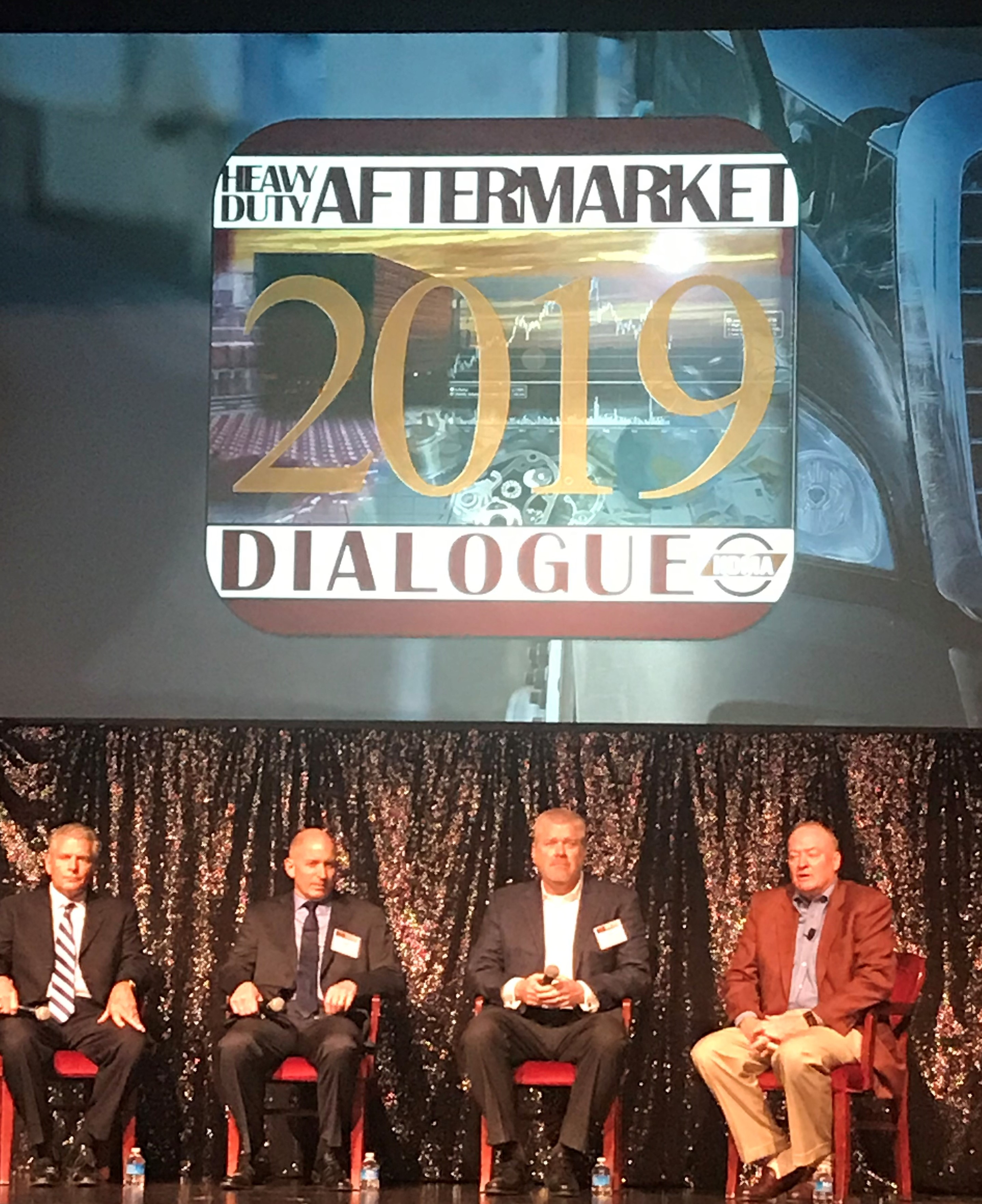 The HDAD panel discussion &ldquo;The Real World View: A Global Perspective,&rdquo; centered around future vehicle technologies, including automation, electrification and the increased use of data. These topics focused on the shift in service requirements for these vehicles. From left to right: Ken Davis, founder of Greentree Advisors; Roger Nielsen, president and CEO of original Daimler Trucks North America (DTNA); Dean Engelage, President of trailer manufacturer Great Dane; and session leader Chris Patterson.