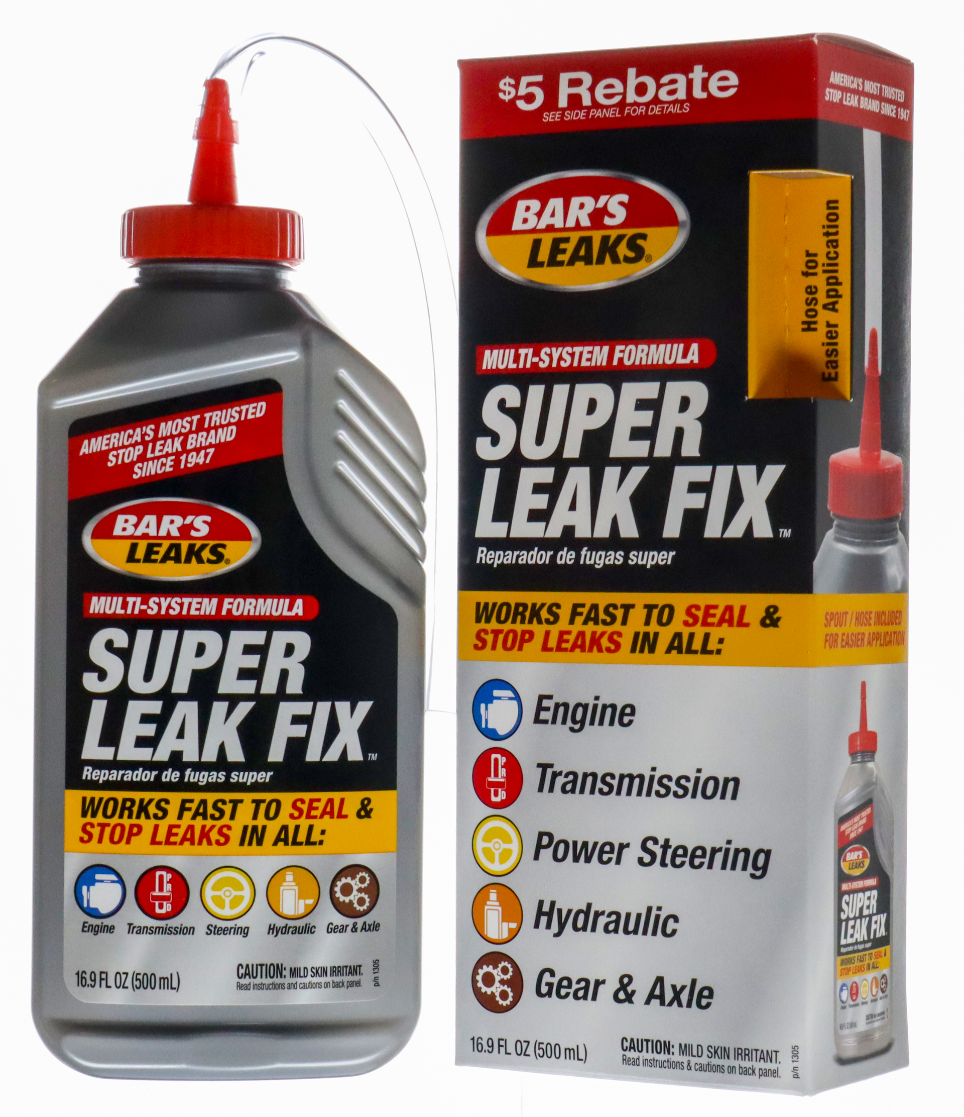 Super Leak Fix is a multi-system formula that quickly seals, stops, and prevents leaks in all engine oil, transmission, power steering, hydraulic and differential axle, and gear systems.