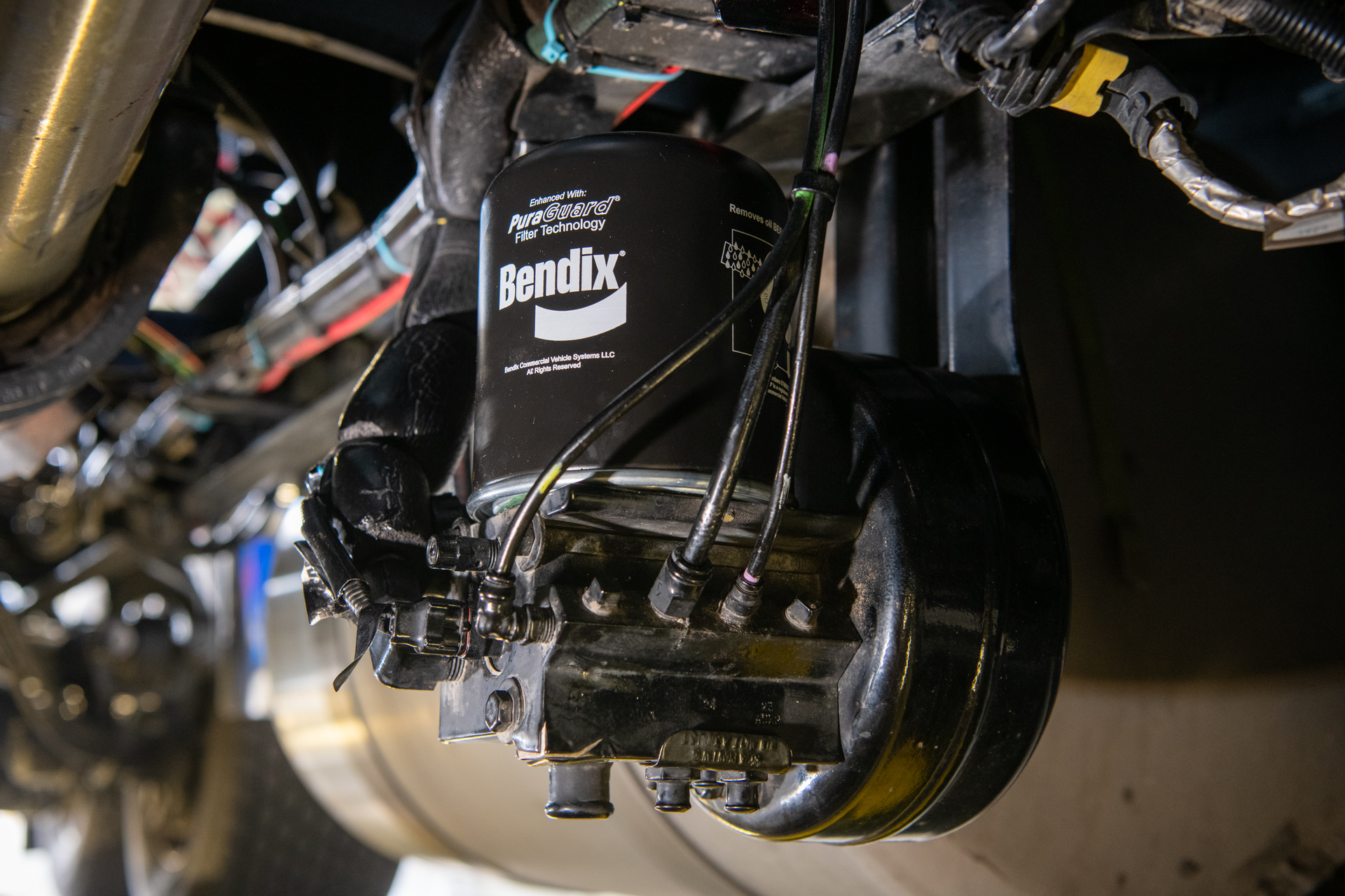 Bendix offers air dryers for a variety of mounting applications. Pictured is the Bendix AD-IS dryer mounted on a frame rail.