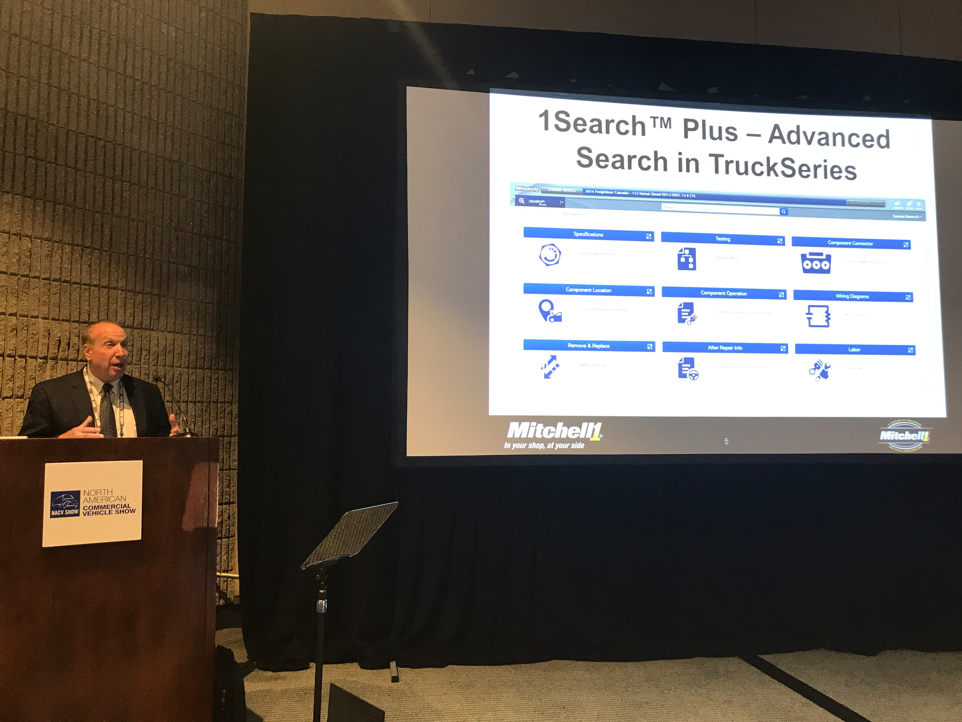 Scott DeGiorgio, general manager at Mitchell 1 shares information on updates to the company's TruckSeries suite of web-based software during a press conference at the North American Commercial Vehicle (NACV) Show in Atlanta this week.