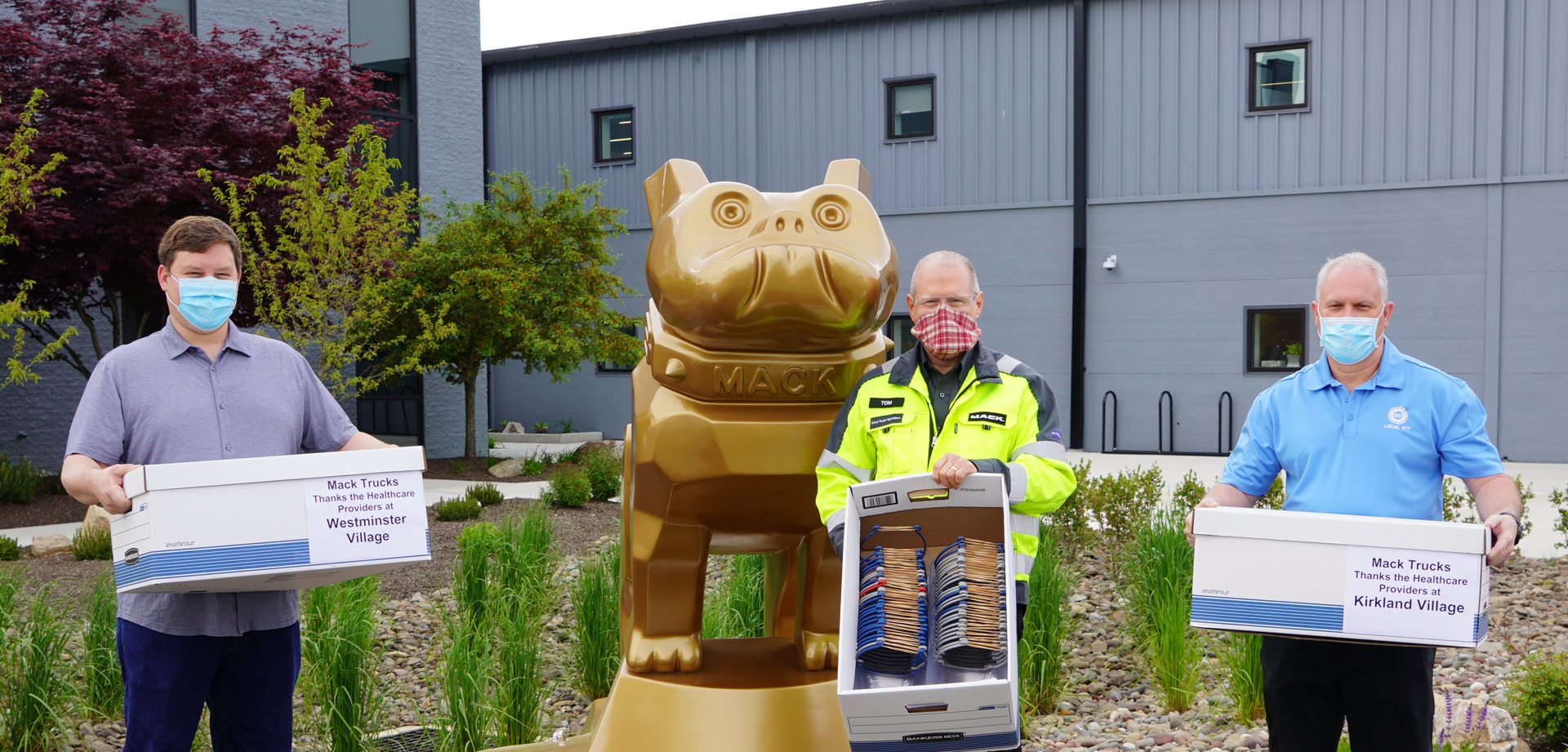 LVO employees Tom Gombos (center) and Mike Kelly (right) present face shields to Mike Rohrbaugh (left) representing Westminster Village in Allentown, Kirkland Village in Bethlehem, and The Easton Home in Easton.
