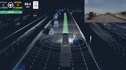 The Aurora Driver system detects other vehicles around it as it moves along a divided highway, as depicted in this graphic. The Aurora Driver system detects other vehicles around it as it moves along a divided highway, as depicted in this graphic.