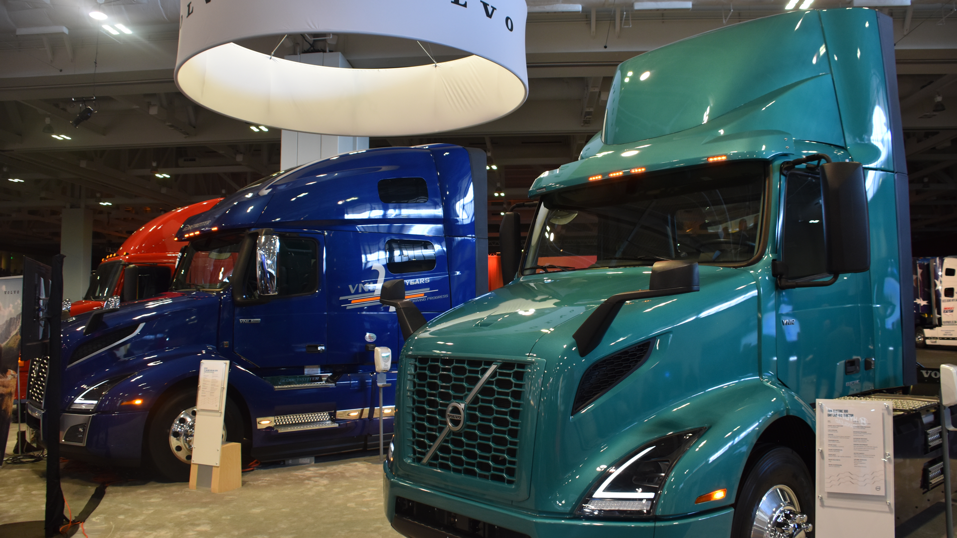 Volvo Trucks North America featured the VNR Electric, the 25th anniversary VNL 760, and an original Volvo VN truck from 1996 in its booth during American Trucking Associations&rsquo; 2021 Management Conference & Exhibition
