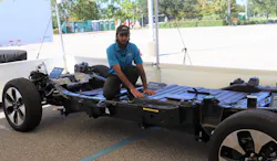 Subject-matter expert Mohammad Abbas points out the location of the Lightning's battery. “Ford always touts having cross-through members in their chassis, but with the battery located where it is, we cannot have as many of them,' Abbas said. 'So what we’ve done is, underneath the truck, there is an under-vehicle brace, which connects both sides of the chassis together. It causes rigidity, reduces flex, and it is what is holding the battery. So to get to the battery, you undo eight bolts, four on each side, and dealers will have a special hoist (to lift the vehicle), and the hydraulic hoist will then bring the battery down to floor level.” Subject-matter expert Mohammad Abbas points out the location of the Lightning's battery. “Ford always touts having cross-through members in their chassis, but with the battery located where it is, we cannot have as many of them,' Abbas said. 'So what we’ve done is, underneath the truck, there is an under-vehicle brace, which connects both sides of the chassis together. It causes rigidity, reduces flex, and it is what is holding the battery. So to get to the battery, you undo eight bolts, four on each side, and dealers will have a special hoist (to lift the vehicle), and the hydraulic hoist will then bring the battery down to floor level.”