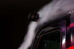 Freightliner SuperTruck II in a wind tunnel with a close-up look at the mirrorless camera system, which improves the vehicle's aerodynamics. Freightliner SuperTruck II in a wind tunnel with a close-up look at the mirrorless camera system, which improves the vehicle's aerodynamics.