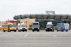 Daimler Truck North America's family of battery-electric offerings (from left) are the Thomas Built electric school bus, the vocational eM2 utility vehicle, the all-new eM2 medium-duty on-highway truck, a Class 8 Freightliner eCascadia, and the MT50 electric van. Daimler Truck North America's family of battery-electric offerings (from left) are the Thomas Built electric school bus, the vocational eM2 utility vehicle, the all-new eM2 medium-duty on-highway truck, a Class 8 Freightliner eCascadia, and the MT50 electric van.