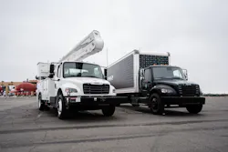The new eM2 on-highway truck (right) is available in Class 6 and Class 7 configurations. Freightliner also is expanding the eM2 medium-duty truck for vocational applications (left), with utility applications among the first vocational offerings. The new eM2 on-highway truck (right) is available in Class 6 and Class 7 configurations. Freightliner also is expanding the eM2 medium-duty truck for vocational applications (left), with utility applications among the first vocational offerings.