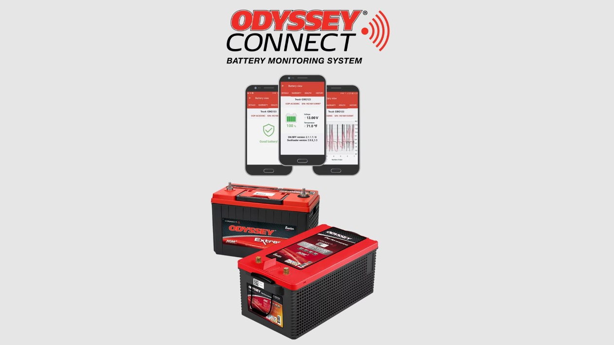 The Odyssey Connect Battery monitoring System connects with Apple or Android devices via Bluetooth