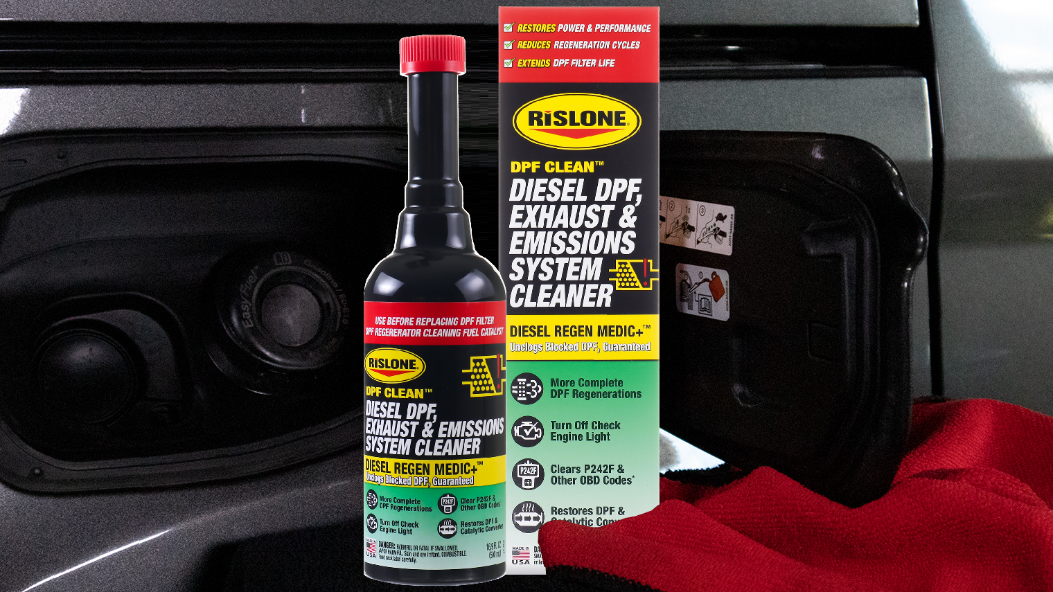 Diesel DPF, Exhaust & Emissions System Cleaner by Rislone reduces regeneration cycles