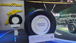 This Goodyear commercial trucking tire is made with 63% sustainable material. This Goodyear commercial trucking tire is made with 63% sustainable material.
