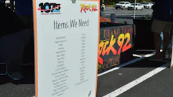 The list of requested donation items at Mack's Rollin' Relief drive included bottled water, paper towels, toiletries, and first aid supplies. The list of requested donation items at Mack's Rollin' Relief drive included bottled water, paper towels, toiletries, and first aid supplies.