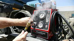 When a smoke machine’s vapor-producing fluid is heated up, it creates white smoke (as pictured) that is pushed into the system under pressure. In some instances, UV dyes may also be incorporated to add another visual indication that a leak exists. When a smoke machine’s vapor-producing fluid is heated up, it creates white smoke (as pictured) that is pushed into the system under pressure. In some instances, UV dyes may also be incorporated to add another visual indication that a leak exists.