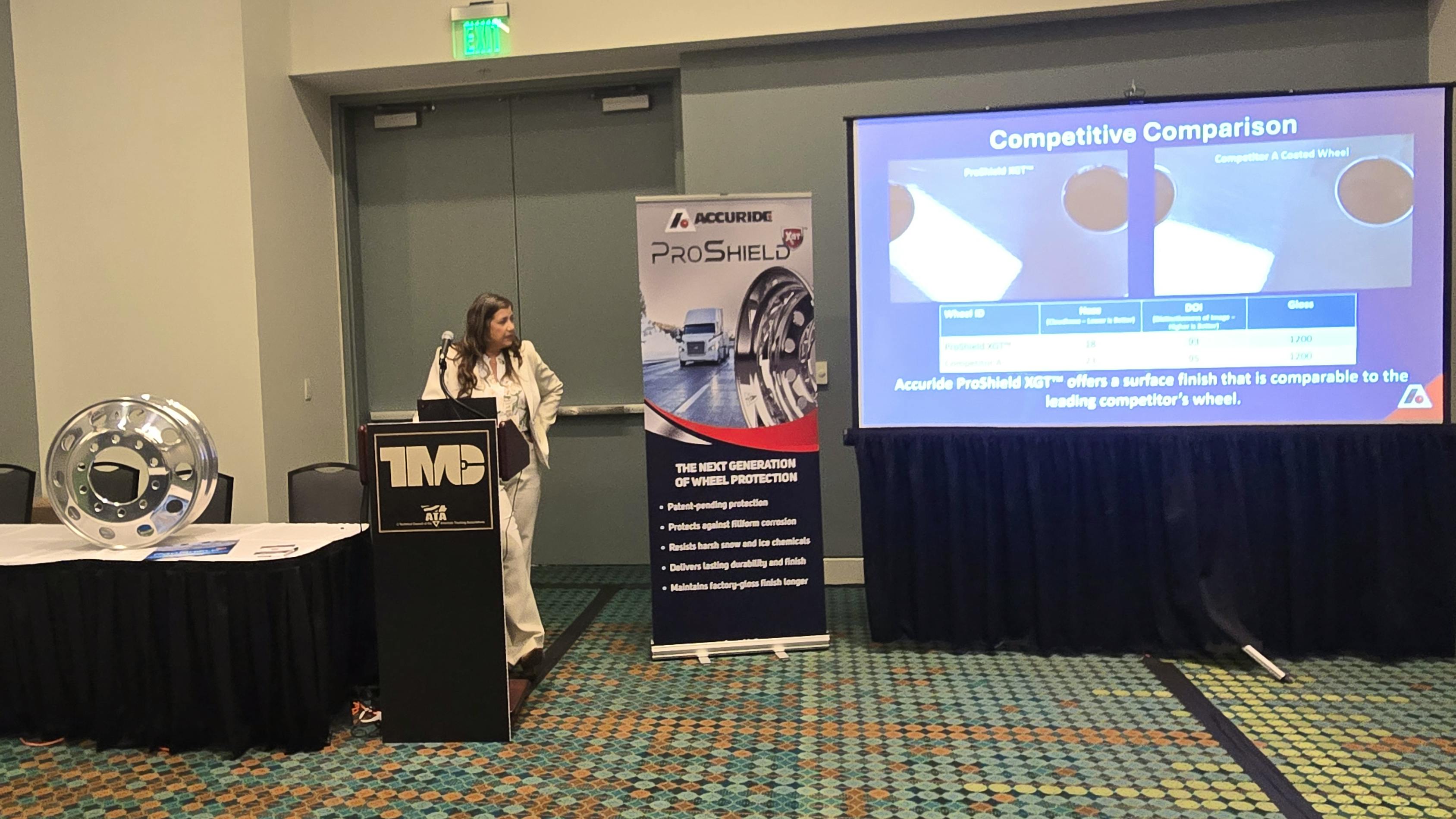 Jayne Orr, VP of sales at Accuride, unveils the ProSheild XGT coatign for aluminum wheels. The coating stands up to the harshest mechancial, thermal, and chemical challenges on the road, according to Accuride testing.