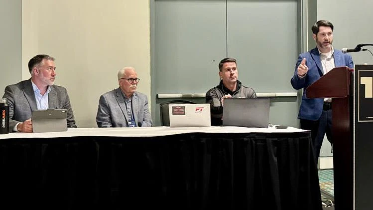 From L to R: Peter Cooper, CEO of Ascend Cosnulting; Jack Poster, VMRS service manager at TMC, Trent Broberg, CEO of Fullbay, and John Hitch, editor-in-chief of Fleet Maintenance.