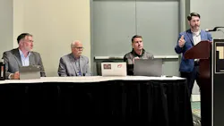 From L to R: Peter Cooper, CEO of Ascend Cosnulting; Jack Poster, VMRS service manager at TMC, Trent Broberg, CEO of Fullbay, and John Hitch, editor-in-chief of Fleet Maintenance. From L to R: Peter Cooper, CEO of Ascend Cosnulting; Jack Poster, VMRS service manager at TMC, Trent Broberg, CEO of Fullbay, and John Hitch, editor-in-chief of Fleet Maintenance.