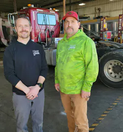 Zach Timm (left), general manager, and Kerry Block (right), owner and president of Block Diesel Repair in Janesville, Wisconsin. Zach Timm (left), general manager, and Kerry Block (right), owner and president of Block Diesel Repair in Janesville, Wisconsin.