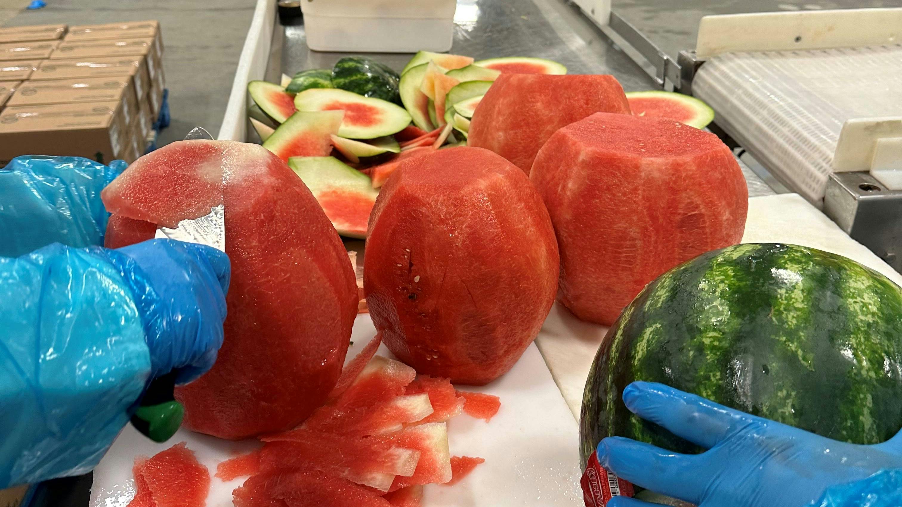 Fresh Del Monte Produce workers cut watermelon