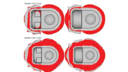 Fig. 4: Die filling finisher die (red=no contact to die, gray=contact to die). Fig. 4: Die filling finisher die (red=no contact to die, gray=contact to die).