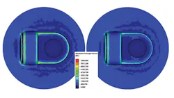 Fig. 10: Comparison of tensile stresses in lower die; at left, the original, at right, the optimized version. Fig. 10: Comparison of tensile stresses in lower die; at left, the original, at right, the optimized version.