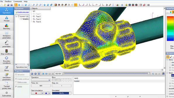 The QForm 3D2D version 7 interface showing simulation of a cored brass forging with multiple tool axes