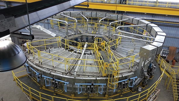 Rotary hearth furnaces are continuous operations that heat charge material on a externally driven turntable inside the heating chamber