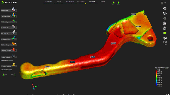Click2Cast is a straightforward quick moldfilling and solidification simulation platform for improving andor optimizing component casting It uses a revolutionary mesh generator so users can import STL files and quickly prepare the model for simulation avoiding the usual setbacks of geometry repair