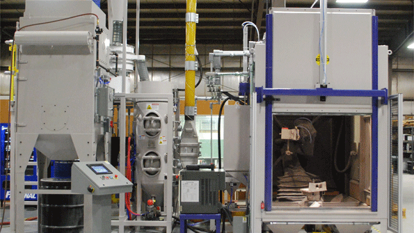 The robotic gritblast system incorporates automatic tool changing to perform ID and OD surface preparation on a variety of complexshaped parts