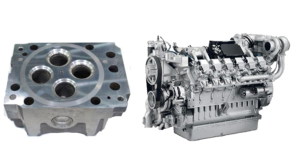 A CGI cylinder head here shown fully machined left and the V12 version of the MTU Series 2000 engine one of three models for which Tupy casts cylinder heads