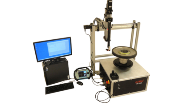 The modular ES1000 system has four operationally independent components 1 turntable and gantry module 2 eddycurrent generation and processing instrument 3 eddycurrent probe and 4 computer and display running Windows 7 or higher