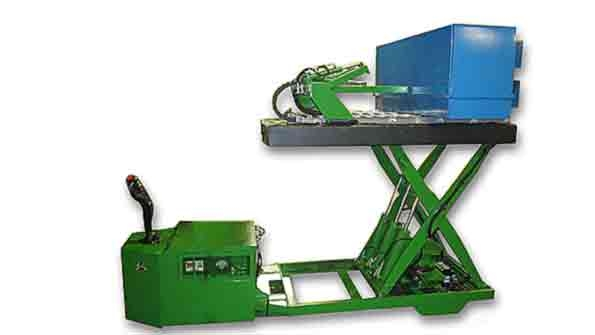 The transporter is equipped with four pushpull arms that hold the die close in and push it into the press or the die transporter up to 24 in deep When the operation is completed the transporter retrieves the die and rotates it 90deg from the way it comes out of the press to lengthwise for transporting to storage