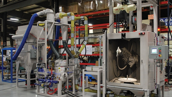 The new RBRSSA8 robotic blast system has a Fanuc Robotics LR Mate200iD sixaxis robot mounted on the reinforced back wall of the blast chamber where it has greater reach and motion capability to accommodate the range of components to be processed