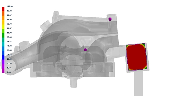 The initial QuikCast simulation showing shrinkage porosity locations present in the casting