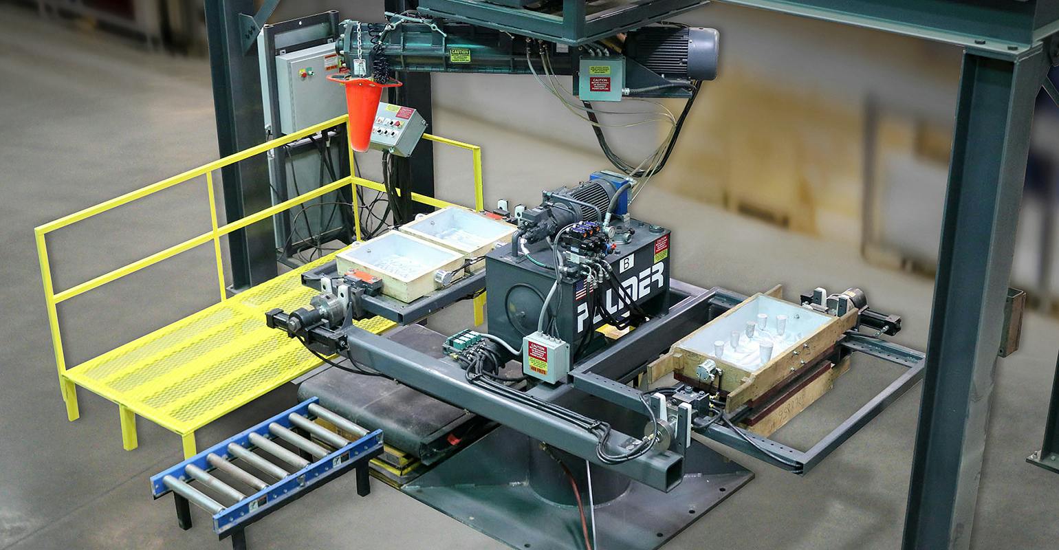 The Palmer Universal Molding Machine can be set up with one, two, four, and six molding stations, with capacities from 12x12 4/4 to 60x60 36/36.