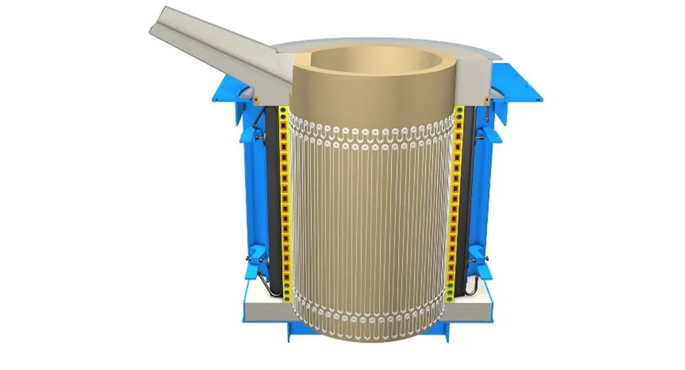An illustration shows a coreless induction furnace with the OCP+ sensor cable in place. An illustration shows a coreless induction furnace with the OCP+ sensor cable in place.