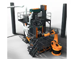 A robot places a workpiece into the blast chamber, where it is held in place by an integrated clamping mechanism. Programming is simple and easy. A robot places a workpiece into the blast chamber, where it is held in place by an integrated clamping mechanism. Programming is simple and easy.