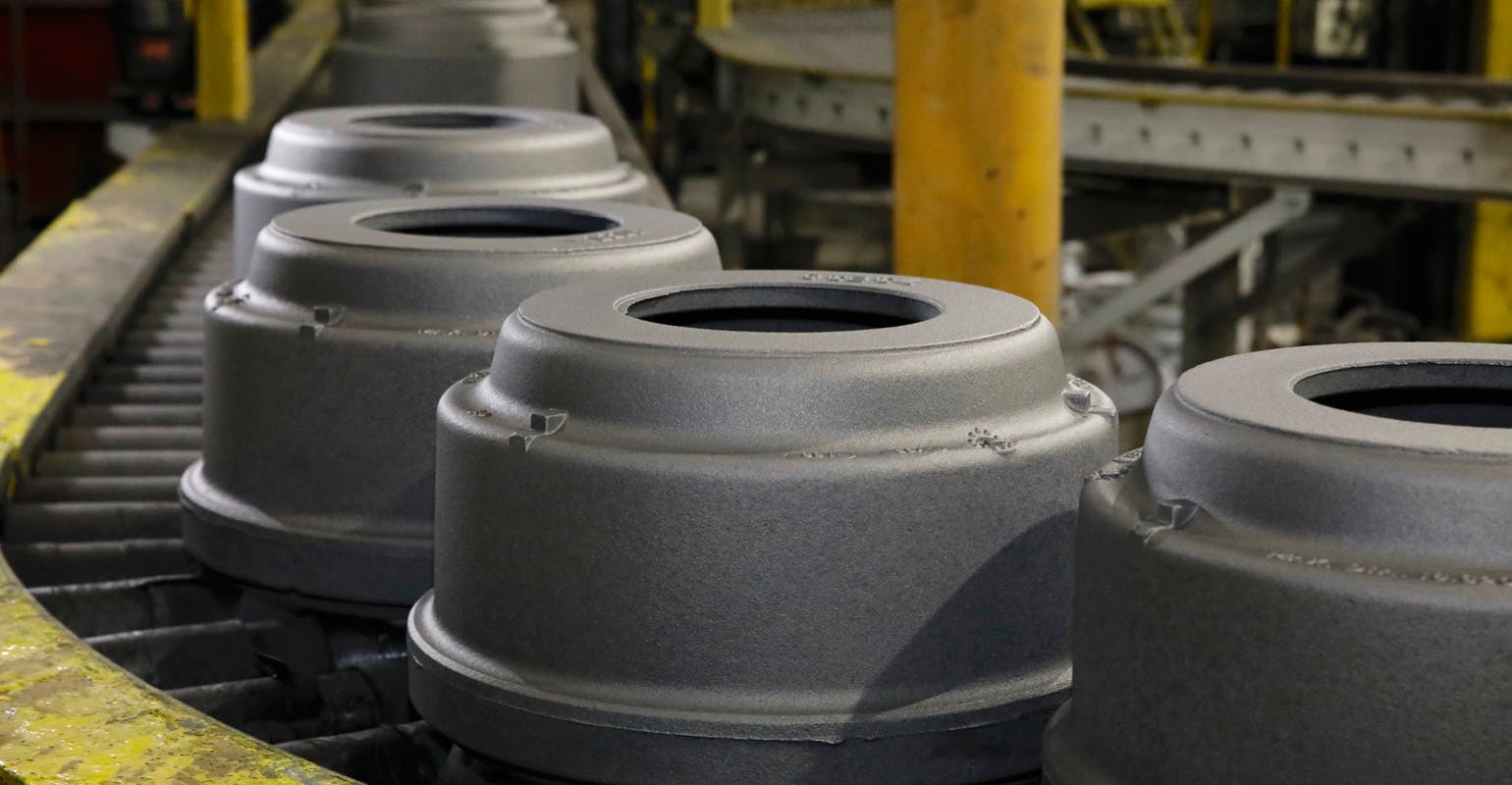 Cast steel brake drums at Accuride&rsquo;s Gunite foundry, Rockford, IL.