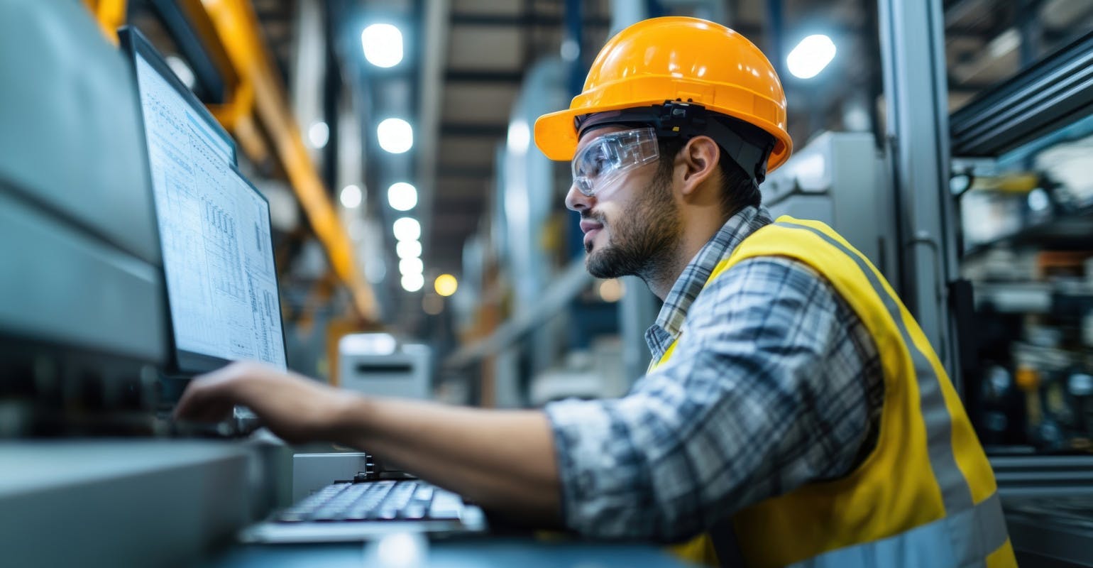 Industrial engineer working at a computer, overseeing production processes and monitoring advanced machinery.