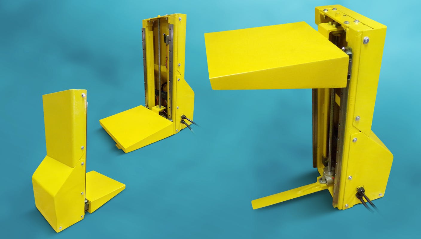 Air Technical Industries&rsquo; vertical column lift table is available in several platform sizes and capacities, with standard models offered from 50 pounds up to 2,500 pounds.