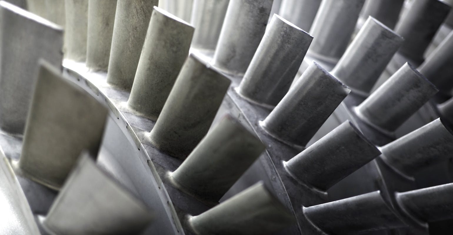 Detail of a jet engine&rsquo;s turbine blades.