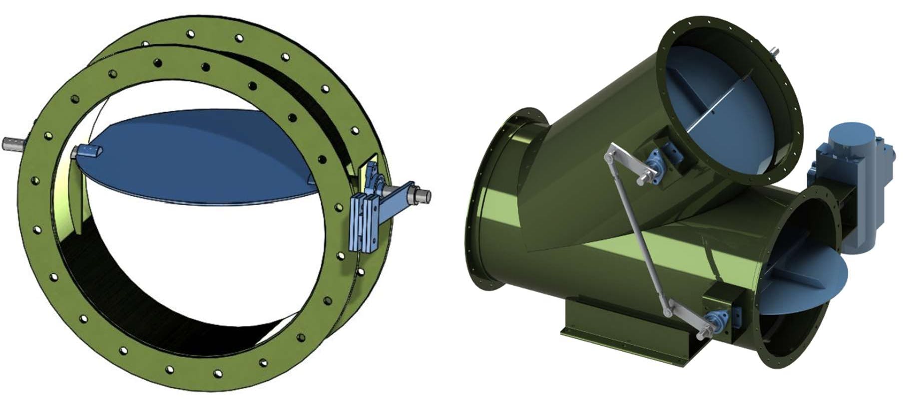Kelair Dampers backdraft damper (left) and diverter damper (right.)