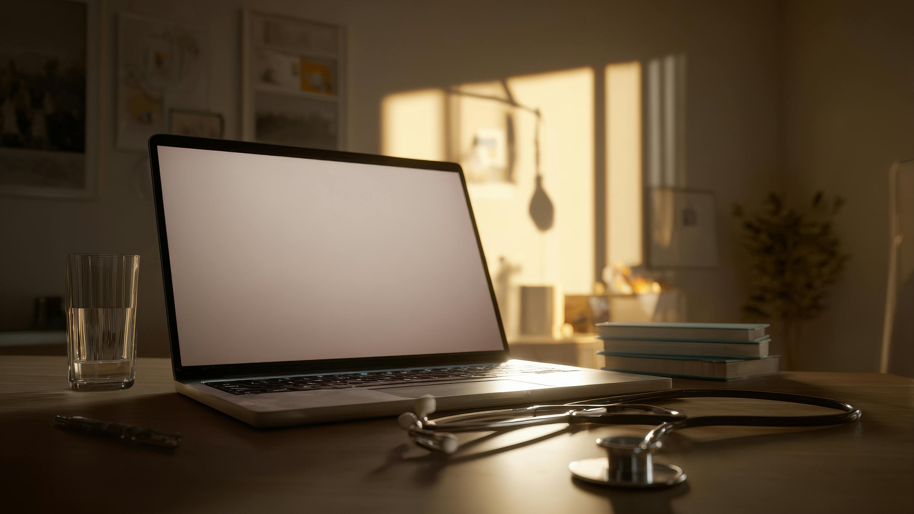 Laptop showing blank screen on doctor&rsquo;s desk illuminating stethoscope and books at sunset. AI generated.
