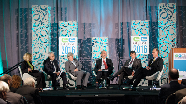 The ldquoDoubling Energy Productivity Through Government Leadershiprdquo plenary panel from left Kateri Callahan president Alliance to Save Energy Fatih Birol executive director International Energy Agency Rachel Kyte chief executive officer CEO Sustainable Energy for All Odoacuten de Buen directorgeneral National Commission for Energy Efficiency Mark Kenber CEO The Climate Group and John Galyen president Danfoss North America